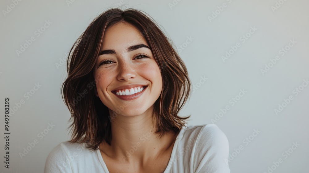 Attractive woman smiling, captured from a three-quarters perspective, plain background adding focus to her expression. Attractive woman smiling, captured from a three-quarters perspective, plain background adding focus to her expression.