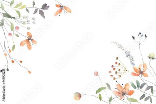 Wallpaper Mural Floral frame with delicate abstract plants and flowers, watercolor isolated illustration for your text, cover, banner or template floral card.  Torontodigital.ca