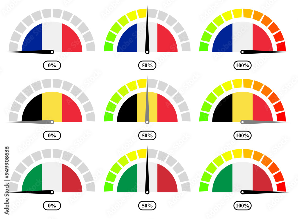 Obraz premium france, belgium and italy flags percentage speedometer icon set. vector illustration isolated on white background