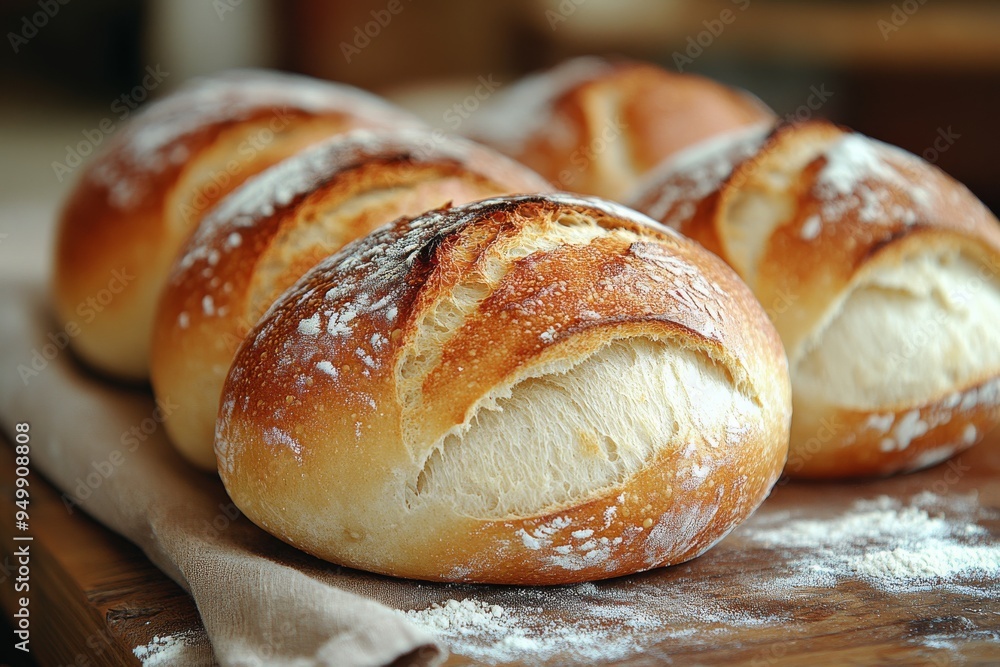 Homemade bread rolls and crusty loaf, freshly baked with golden crust Homemade bread rolls and crusty loaf, freshly baked with golden crust