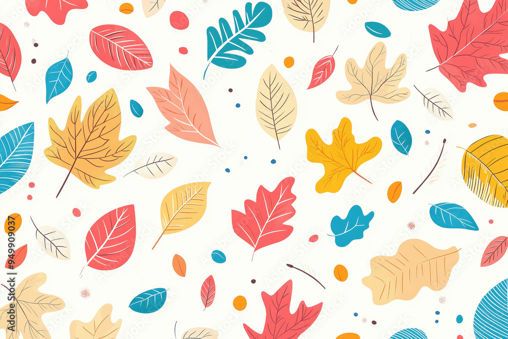 seamless pattern of autumn leaves in a playful modern style with vibrant colors on a white background seamless pattern of autumn leaves in a playful modern style with vibrant colors on a white background