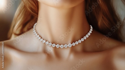 A woman wearing a necklace with diamonds