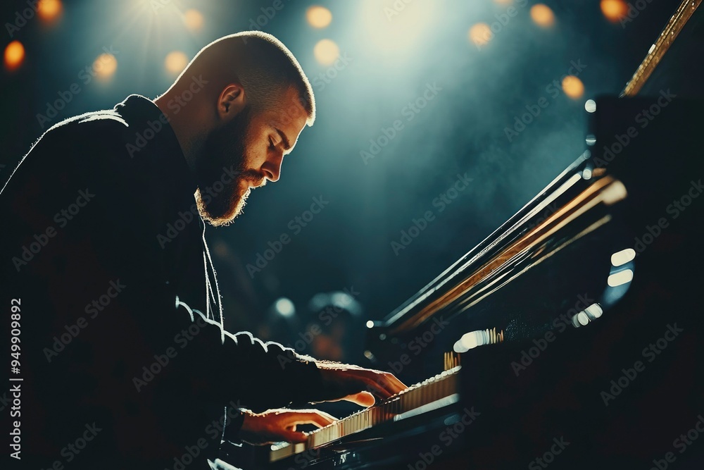 Fototapeta premium A Man Plays the Piano Under Soft Lighting