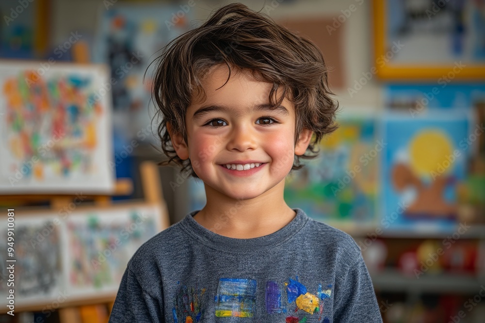 Cheerful boy smiling in classroom, showcasing colorful art and creativity Cheerful boy smiling in classroom, showcasing colorful art and creativity