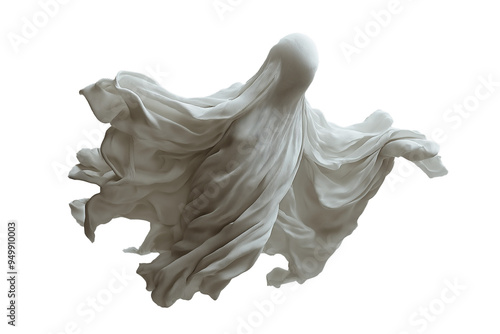 Ethereal Ghostly Figure Made of Flowing White Cloth Isolated on Transparent Background