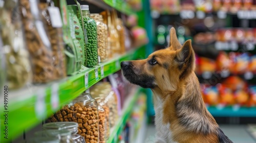 dog examining shelves of pet food in an outdoor supermarket with green and blue colors, highlighting product details and variety of pet treats