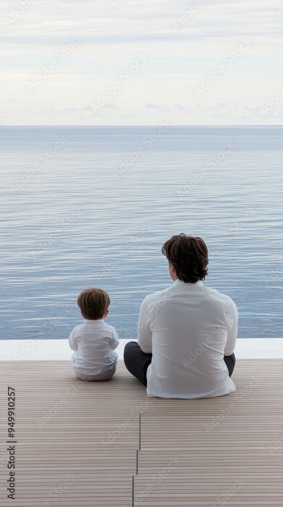 Fototapeta premium A father and son are relaxed together on a yacht, enjoying the calm waters and bright sunlight of a perfect summer day, creating lasting memories.