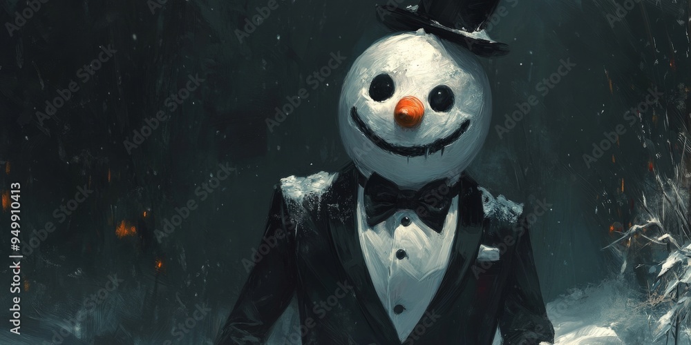Fototapeta premium Sinister snowman wearing a tuxedo in a dark forest