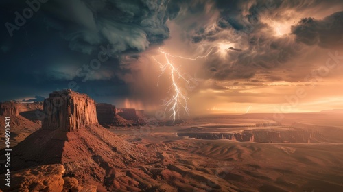 dramatic desert landscape with towering rock formations under dark stormy skies and lightning bolt adding danger and excitement