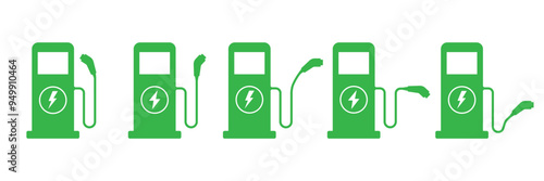 Electric vehicles charging point icons. EV charging point station. Car charge station sign.
