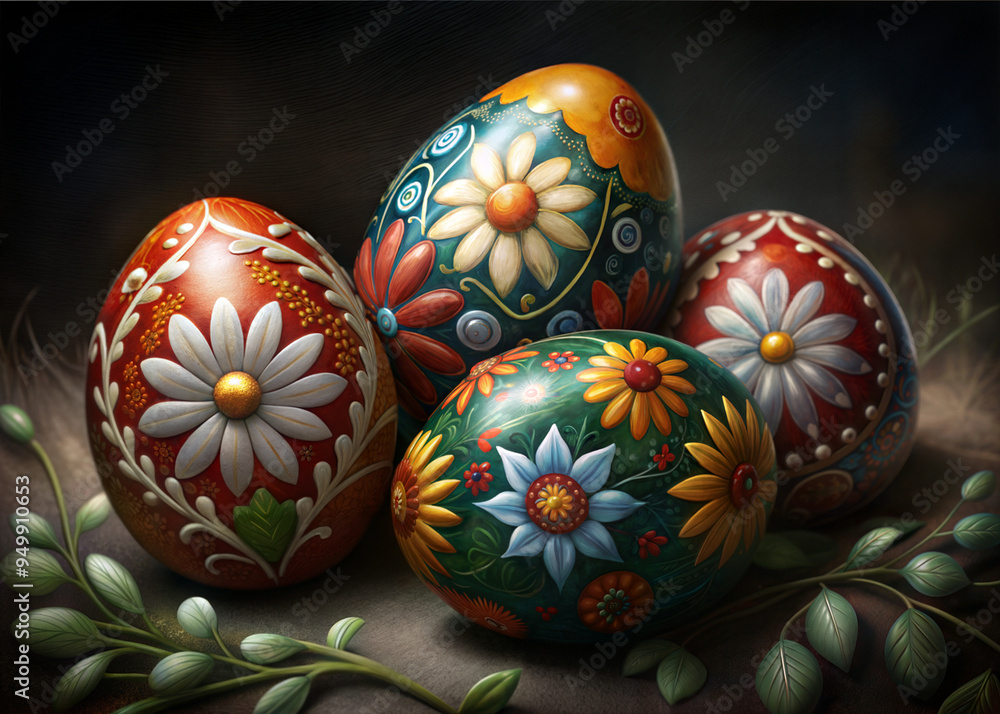 Ornate Easter eggs with vibrant floral designs in rich colors on dark backdrop Ornate Easter eggs with vibrant floral designs in rich colors on dark backdrop