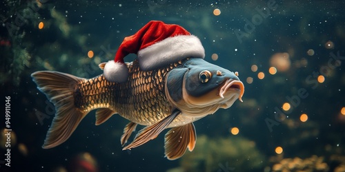 Big fish wearing santa claus hat swimming in aquarium