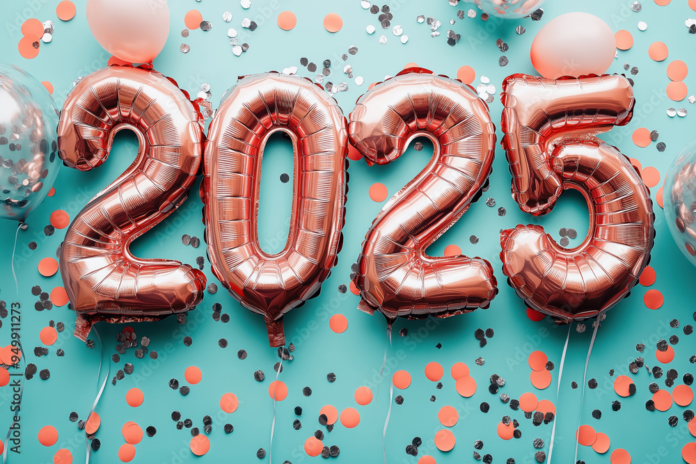 festive 2025 celebration setup with shiny rose gold balloons and confetti on teal background