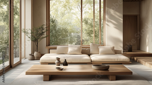 A Japandi living room featuring a low wooden coffee table, neutral-toned sofa, and large windows letting in natural light. Minimalist decor with a few ceramic vases and a single plant