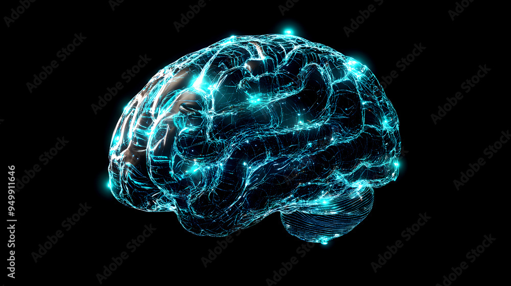 A sci-fi inspired digital illustration of a human brain with glowing plexus lines converging into a central data core A sci-fi inspired digital illustration of a human brain with glowing plexus lines converging into a central data core