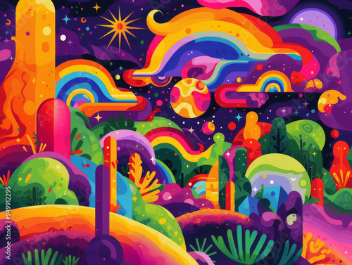 Ai Generated Art Abstract Funky 2D Flat Trippy Psychodelic Magical Forest Background in Purple Yellow Pink Blue Rainbow Bright Colors