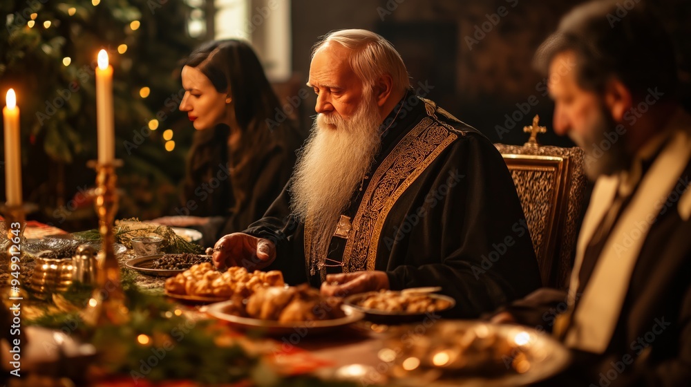 elderly man with white beard and black and gold robes sitting at a Christmas table with his wife dressed as a fairy tale sprite, surrounded by festive decor and traditional Russian food elderly man with white beard and black and gold robes sitting at a Christmas table with his wife dressed as a fairy tale sprite, surrounded by festive decor and traditional Russian food