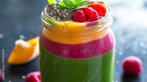 Closeup of vibrant smoothie jar with layers of different colored smoothies topped with fresh fruits and seeds photo