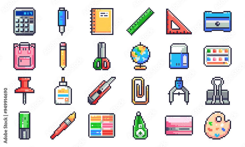 Pixel Art Complete School and Office Supplies Set. 8 Bit Stickers of ...