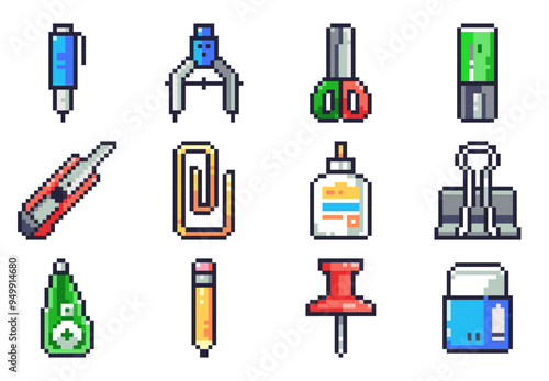 Pixel Art Stationery Icons Set. Retro 8bit office and school Supplies - mechanical pencil, drawing compass, scissors, highlighter marker, office utility knife, paperclip, glue bottle, binder clip, 