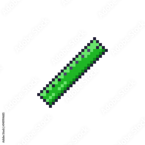 Pixel Art Green Ruler Icon. Retro 8bit School and Office Measuring Tool.