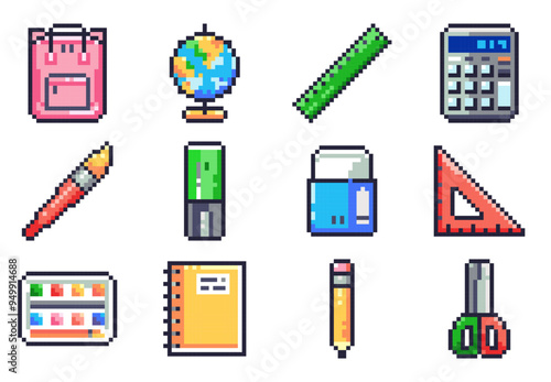 Pixel Art School Supplies Icons Set. Retro 8bit collection of essential classroom tools - backpack, globe, ruler, calculator, paintbrush, highlighter, eraser, triangle, notebook, pencil, scissors 