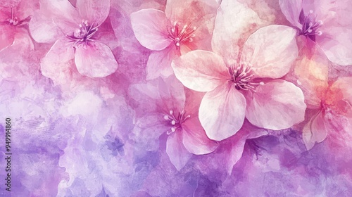 Dreamy watercolor floral background with soft pink and purple blossoms in a textured, pastel gradient. 