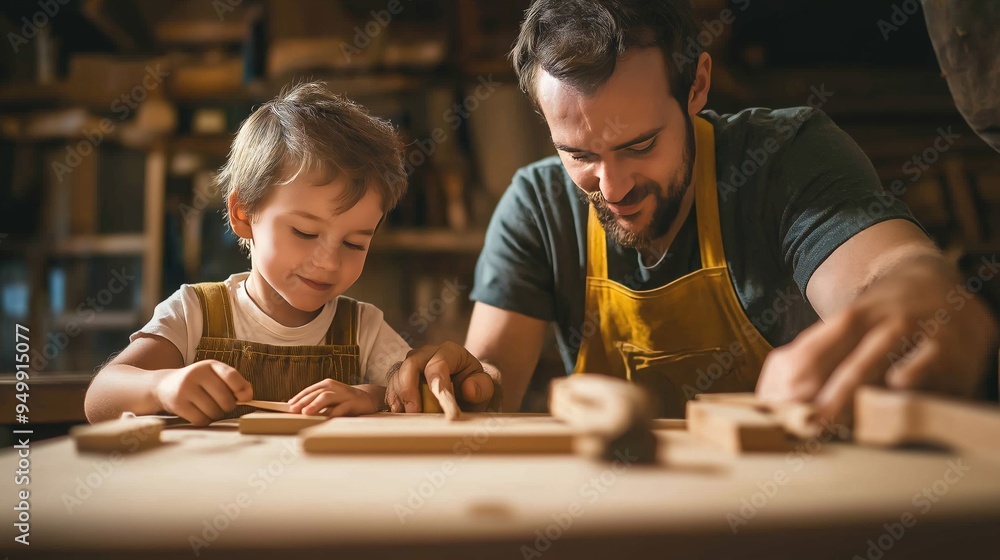 dad and son building wooden blocks together at a table, focusing on woodworking skills and family time with tools in a fun indoor setting dad and son building wooden blocks together at a table, focusing on woodworking skills and family time with tools in a fun indoor setting