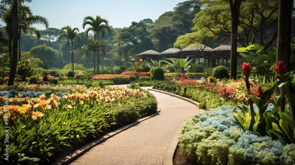 Serene Tropical Garden Path with Lush Greenery and Vibrant Flowers Serene Tropical Garden Path with Lush Greenery and Vibrant Flowers