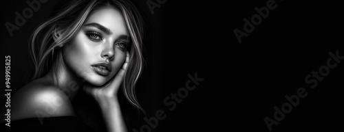 Black and white woman beauty model face. Portrait of sexy girl. Pretty lady with fashion makeup, skin and hair. Glamour female. Young elegant woman isolated on black background. Studio portrait banner