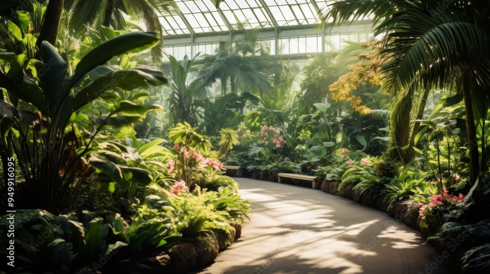 Tranquil Tropical Greenhouse with Lush Foliage and Stone Pathway Tranquil Tropical Greenhouse with Lush Foliage and Stone Pathway