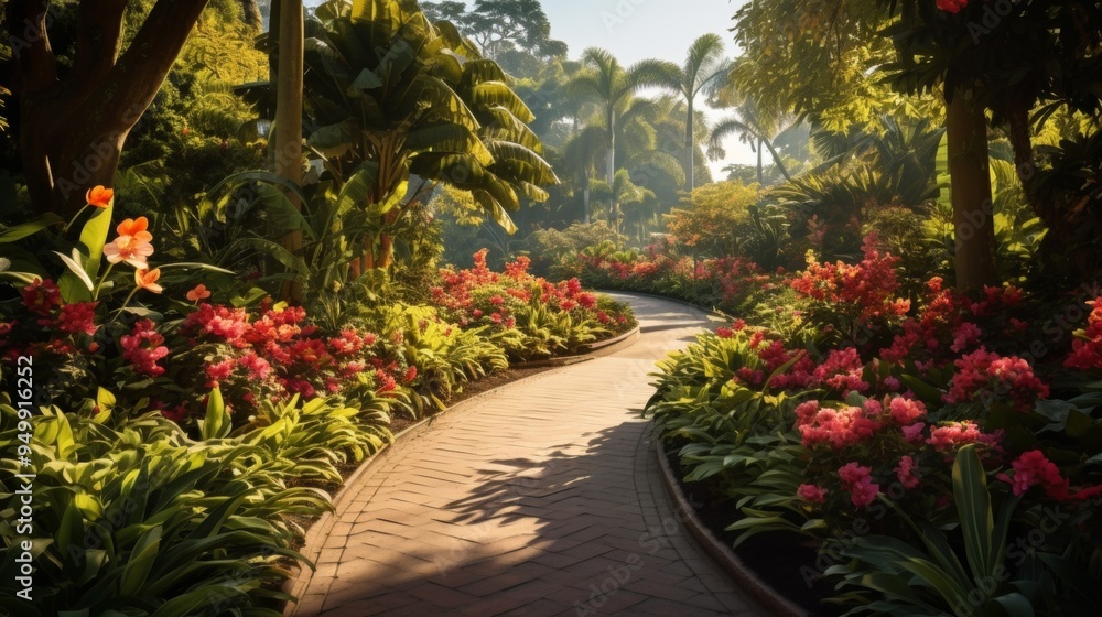 Serene Tropical Garden Path with Lush Greenery and Sunlight Serene Tropical Garden Path with Lush Greenery and Sunlight