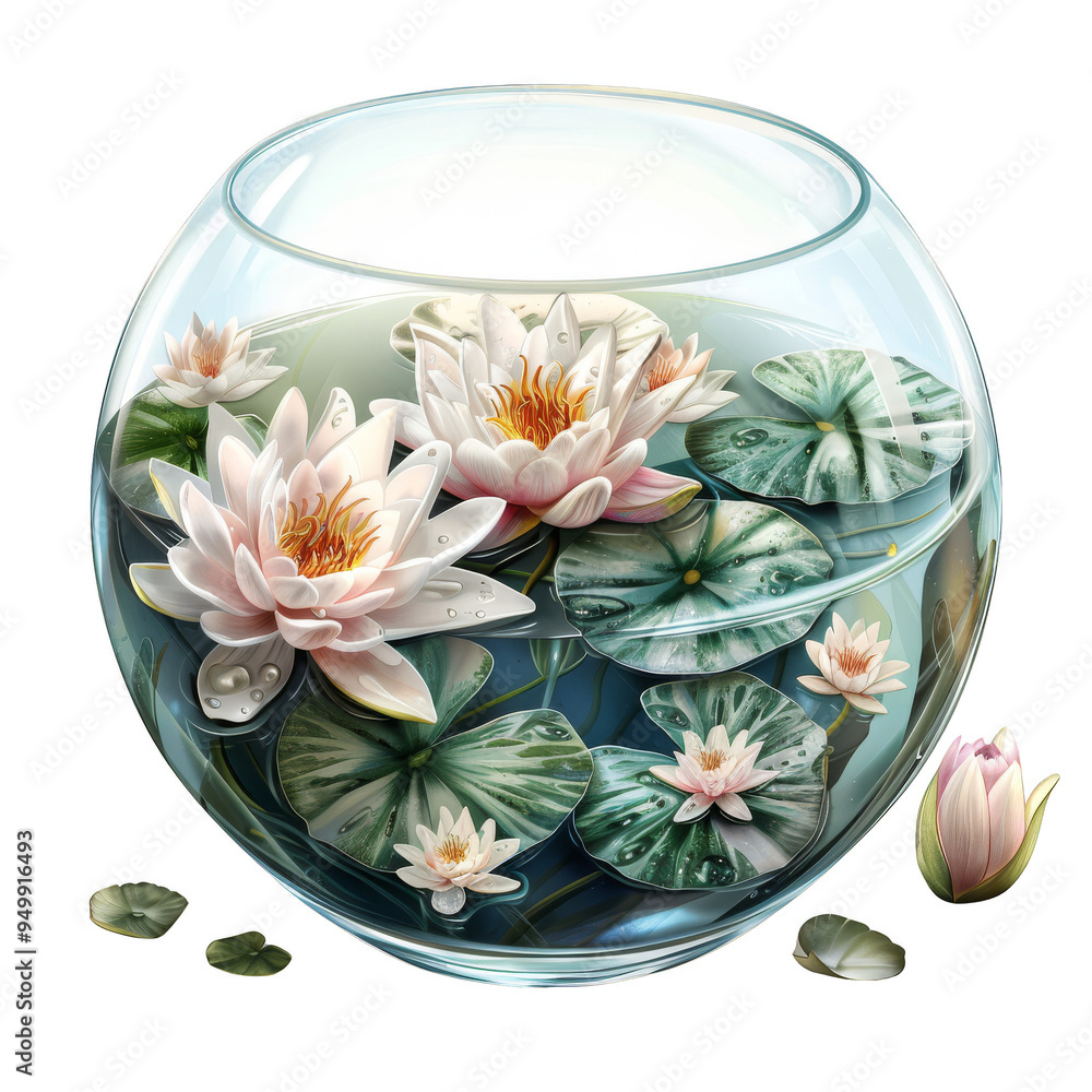 A serene water lily arrangement in glass bowl, showcasing delicate flowers and lush green leaves, evokes tranquility and beauty. A serene water lily arrangement in glass bowl, showcasing delicate flowers and lush green leaves, evokes tranquility and beauty.