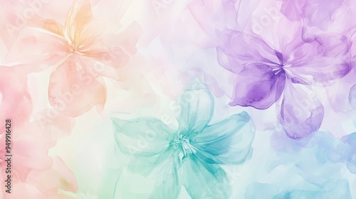 Fototapeta Naklejka Na Ścianę i Meble -  Pastel watercolor floral background with soft and transparent multicolored flowers in shades of purple, pink, and teal.
