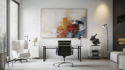 A modern home office space designed as a mini art gallery, with a large abstract painting, minimalist white furniture, and a spotlight highlighting a sculpture on a side table