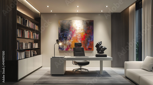 A modern home office space designed as a mini art gallery, with a large abstract painting, minimalist white furniture, and a spotlight highlighting a sculpture on a side table