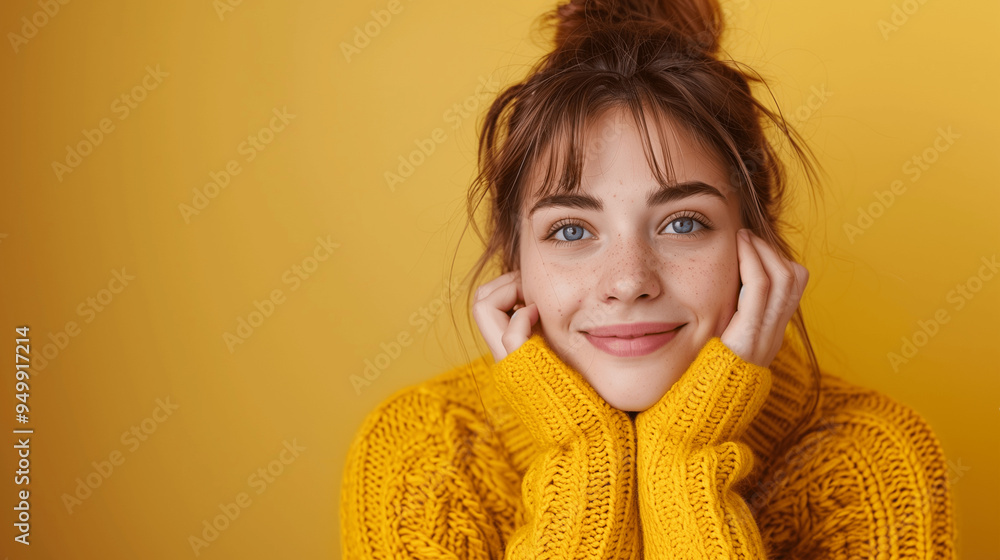 Smiling woman in yellow sweater against matching background Smiling woman in yellow sweater against matching background