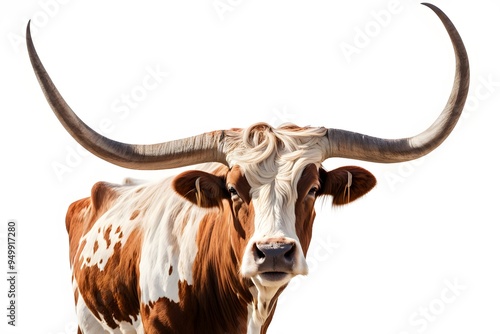 A majestic longhorn cow with large curved horns standing proudly on a white background, AI Generated