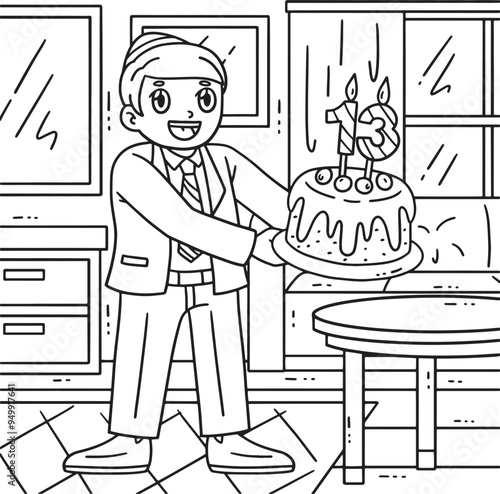 Bar Mitzvah Boy with Cake Coloring Page for Kids