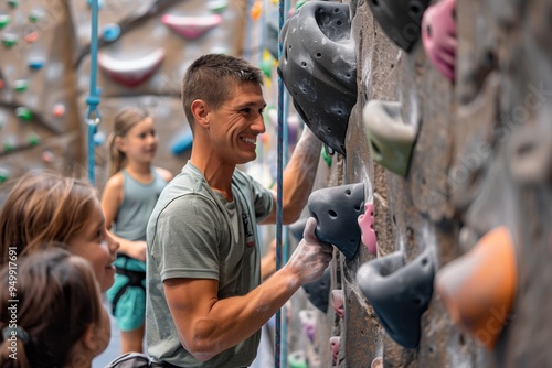 Enthusiastic man instructing a group of young climbers at an indoor rock climbing gym