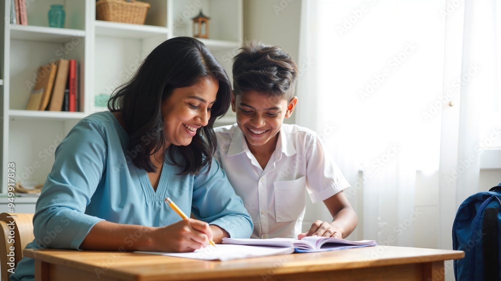 Indian Mom and Young Son Engaging in Home Learning Activity Together Indian Mom and Young Son Engaging in Home Learning Activity Together