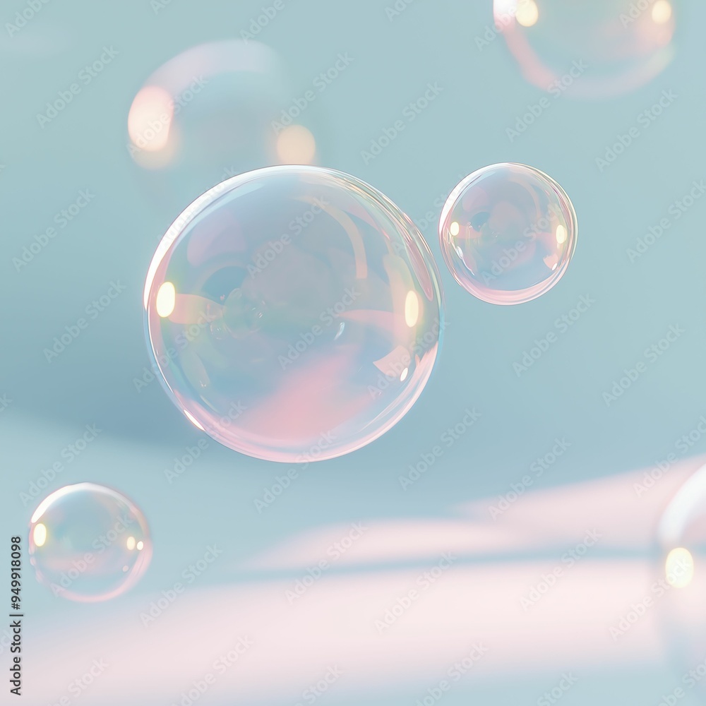 3D render of floating soap bubbles on a light blue background, pastel colors, minimalistic, with soft lighting and focus. 3D render of floating soap bubbles on a light blue background, pastel colors, minimalistic, with soft lighting and focus.