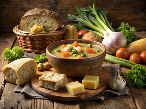 A still life featuring a bowl of Welsh Cawl, surrounded by a few choice vegetables, a wedge of cheese, and a crusty loaf of bread. photo