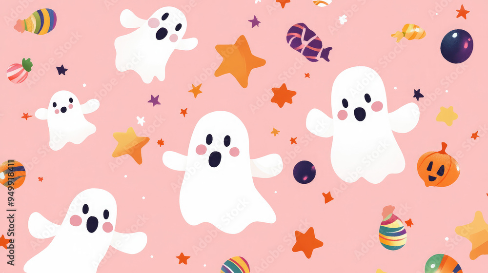 Cute Halloween card featuring playful ghosts and candy, on a light pastel pink backdrop with colorful stars. Cute Halloween card featuring playful ghosts and candy, on a light pastel pink backdrop with colorful stars.
