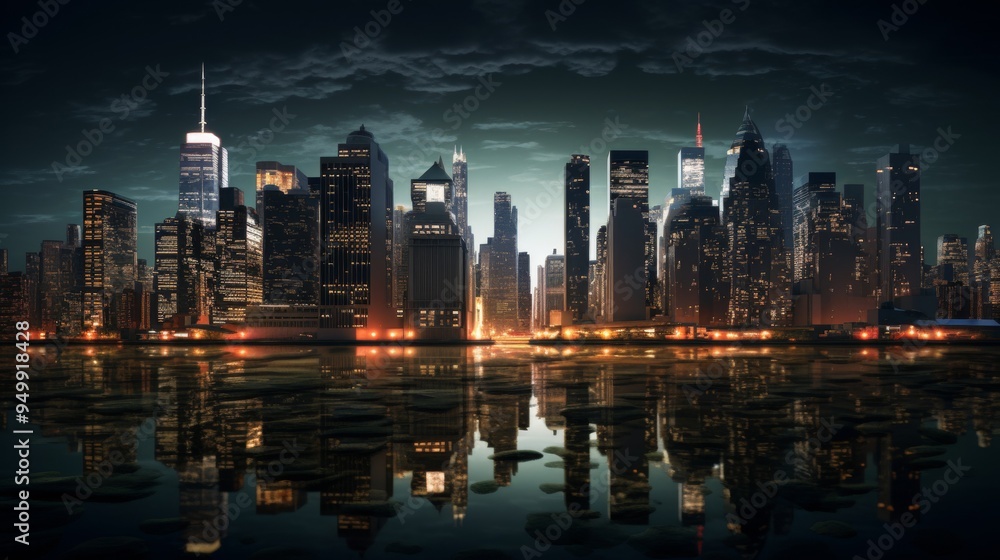 Fototapeta premium Night Skyline of a Modern City with Reflections