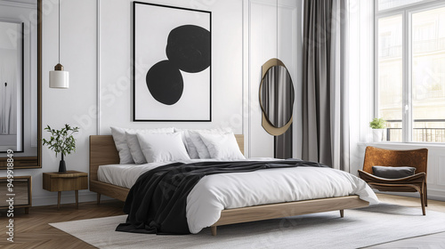 A modern Scandinavian bedroom with white walls, a black and white abstract art piece above the bed, and a natural wood floor