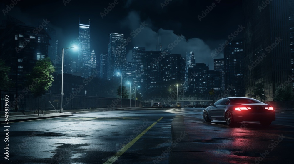Night Cityscape with Car and Rain Night Cityscape with Car and Rain