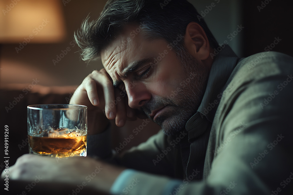 A man, looking depressed, holds a glass of alcohol, symbolizing his struggle with emotional pain and his attempt to cope through drinking. A man, looking depressed, holds a glass of alcohol, symbolizing his struggle with emotional pain and his attempt to cope through drinking.