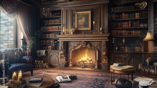 A quiet, vintage-inspired reading room featuring a fireplace, an ornate mantelpiece, and shelves lined with antique books and decorative objects photo