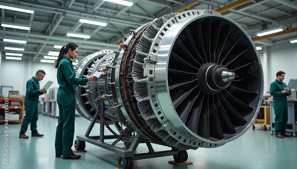 Obraz premium A detailed side view of an advanced jet engine in a bright, organized hangar, showcasing precision and technology.